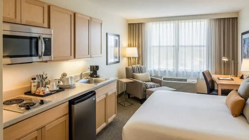 Benefits of extended stay hotels including kitchen and home-like comfort