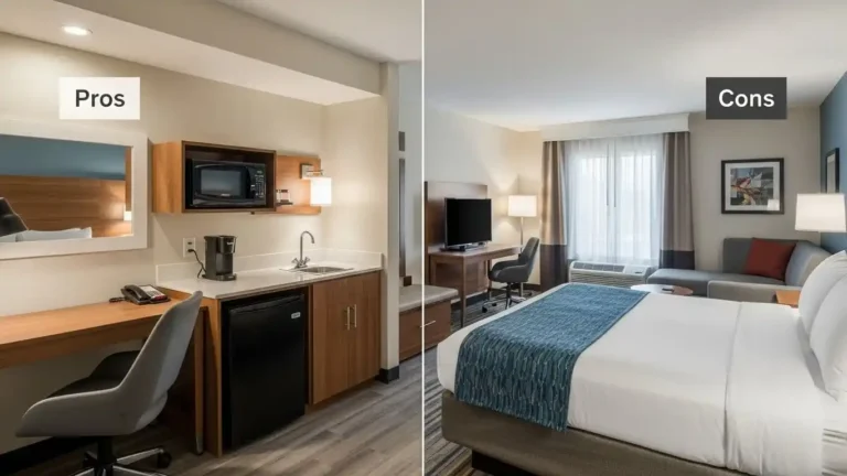 Extended stay hotel room showing pros and cons for long-term stays