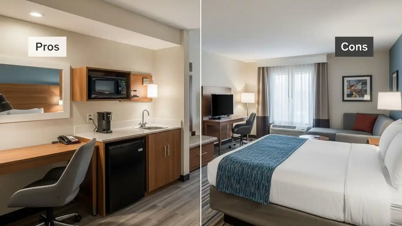 Extended stay hotel room showing pros and cons for long-term stays
