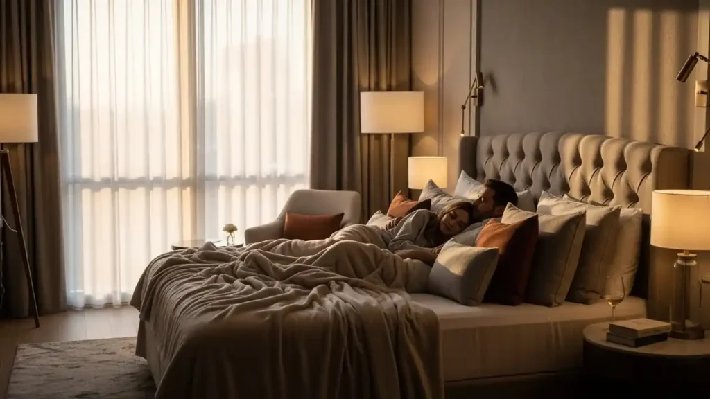 Cozy romantic hotel room setup designed for couples