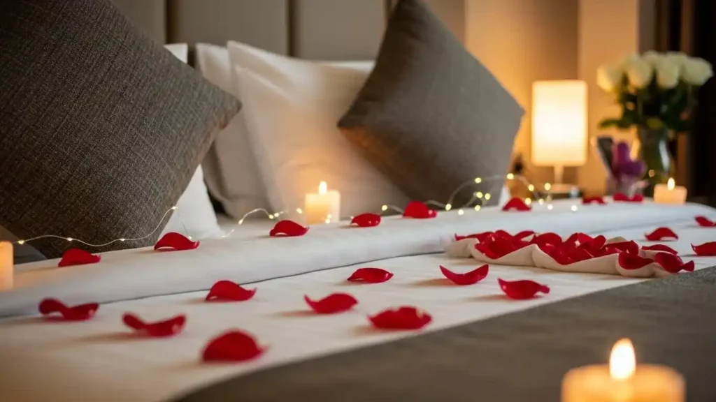 Romantic hotel room decor ideas with champagne, flowers, and candles