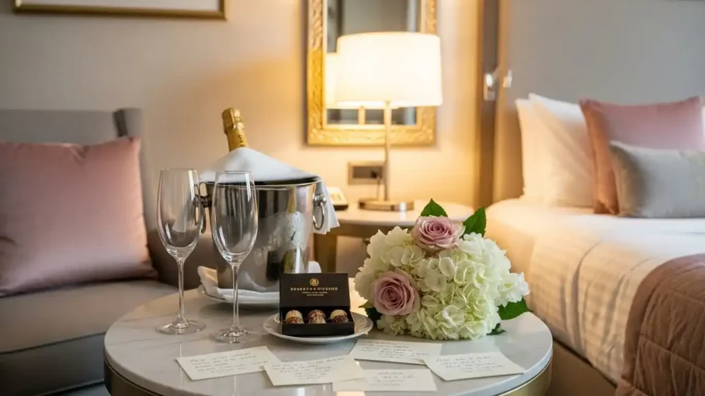 Romantic hotel room ideas with candles, rose petals, and luxury bedding
