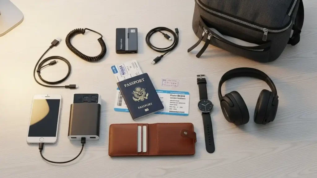 Clothing essentials for a two week travel packing list neatly arranged