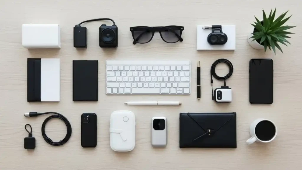 Travel accessories and documents included in a two week travel packing list