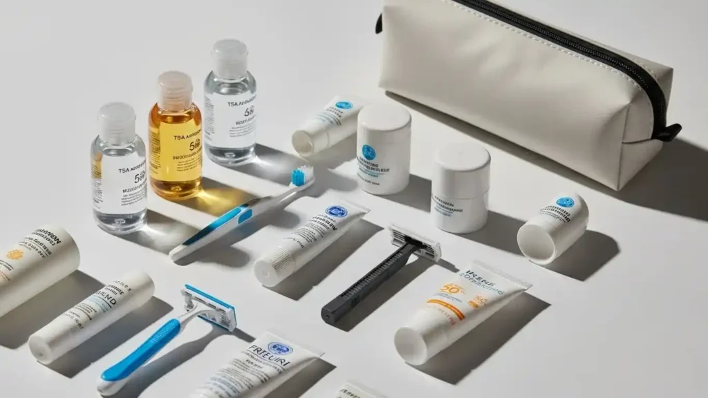 Travel toiletries and personal care items for a two week trip